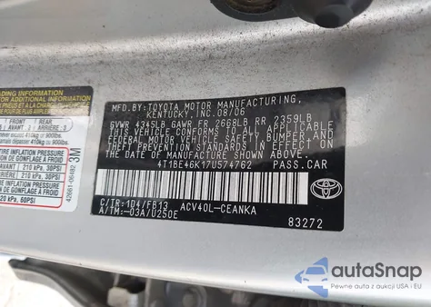 2007 Toyota Camry Le из США, поврежденный, VIN 4T1BE46K17U574762